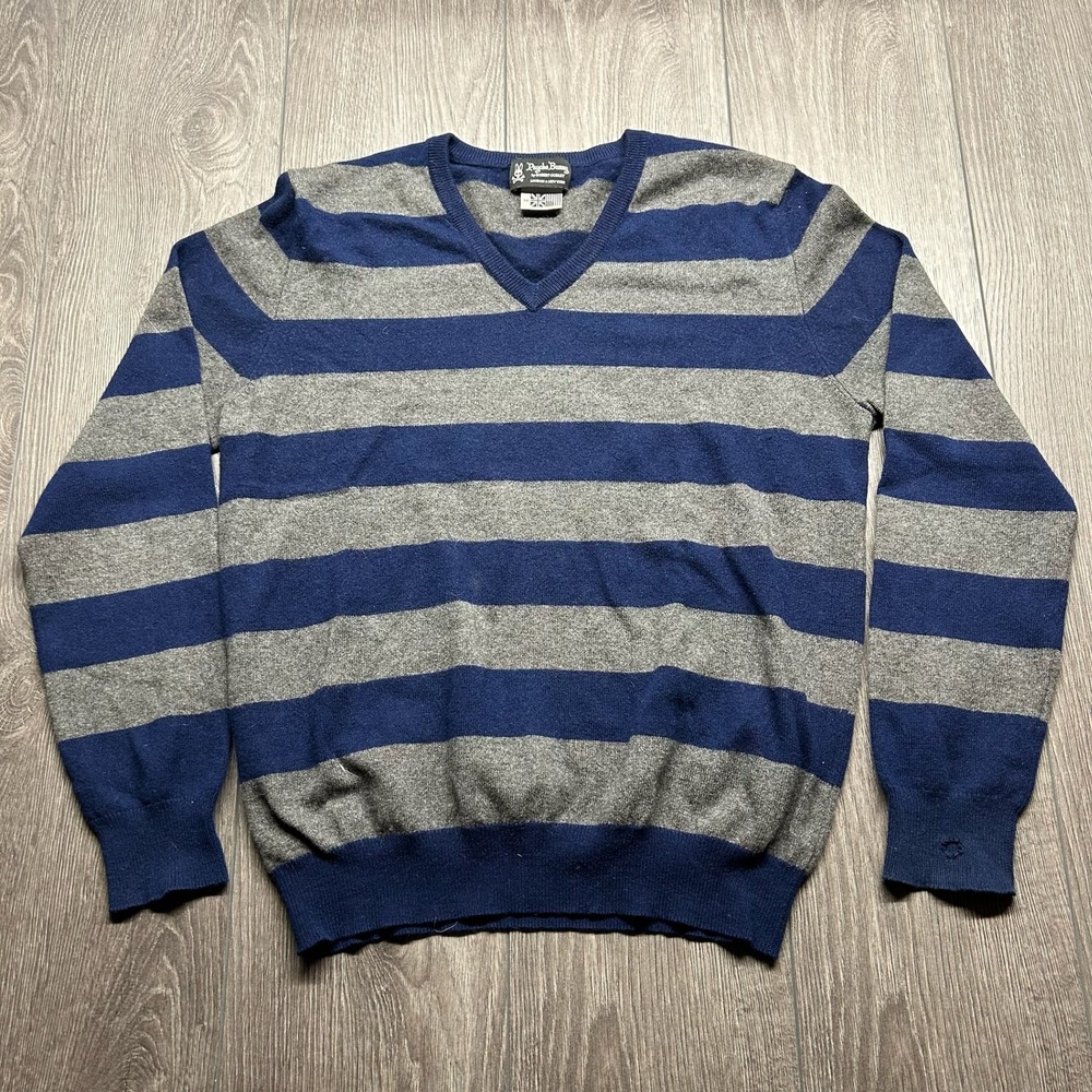 Psycho Bunny Mens Medium Cashmere V-Neck Sweater Blue Gray Striped Prep
